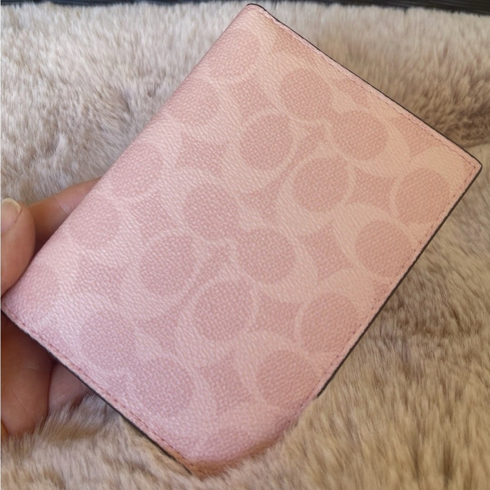 coach powder pink passport card case in signature canvas